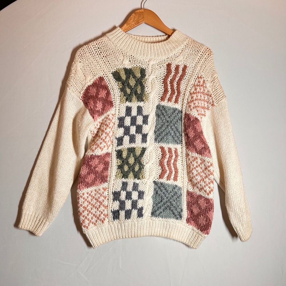 VTG Huntington Ridge HandKnit Patchwork Sweater Ramie Blend Cream M Granny Retro